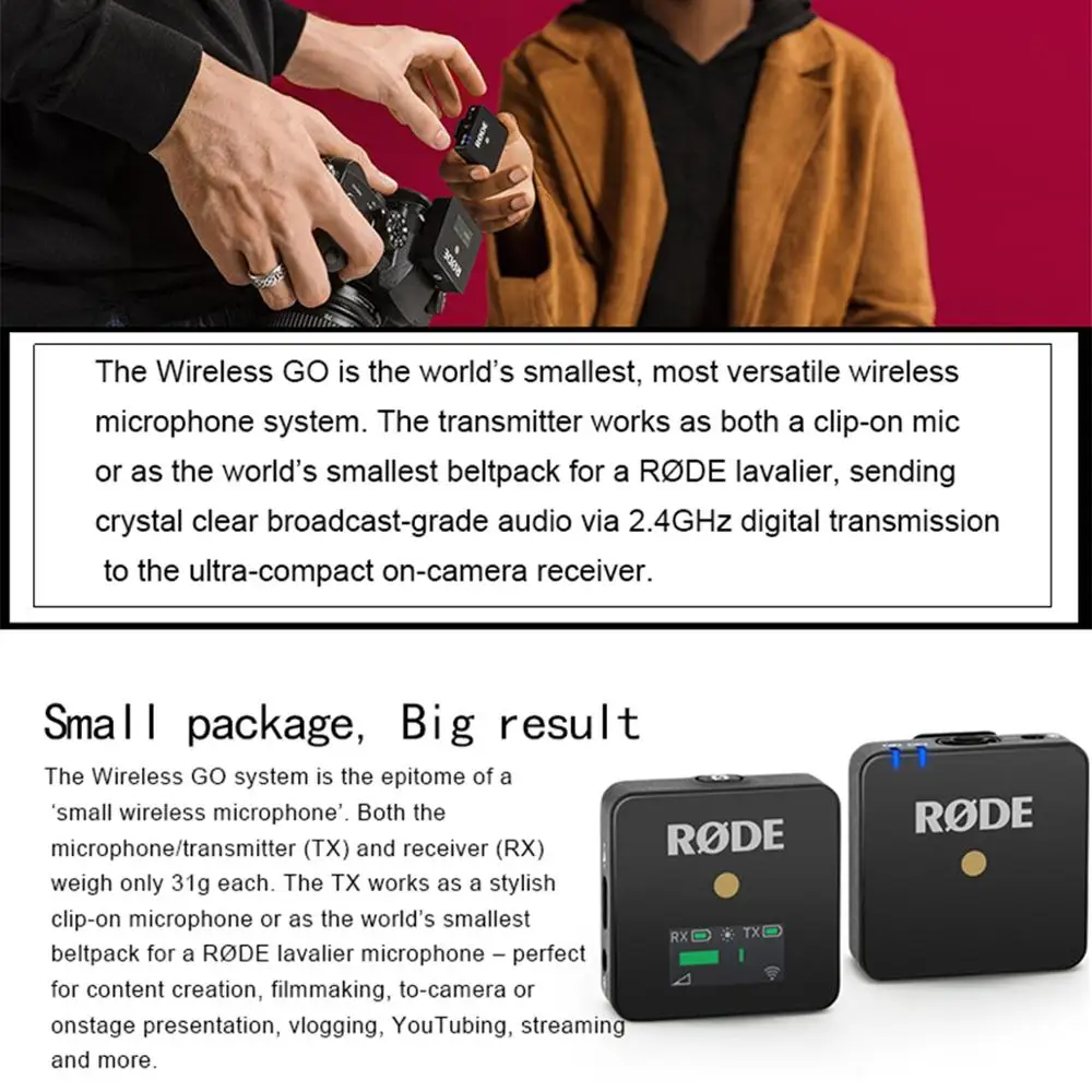 Оригинальный RODE беспроводной Go профессиональный компактный микрофон 2 4 ГГц клип