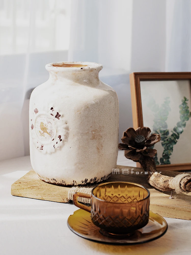

Handmade Ice Crack American Ceramic Vase Retro Country Home Table Top Decoration Dried Flowers with Flower Holder Decoration
