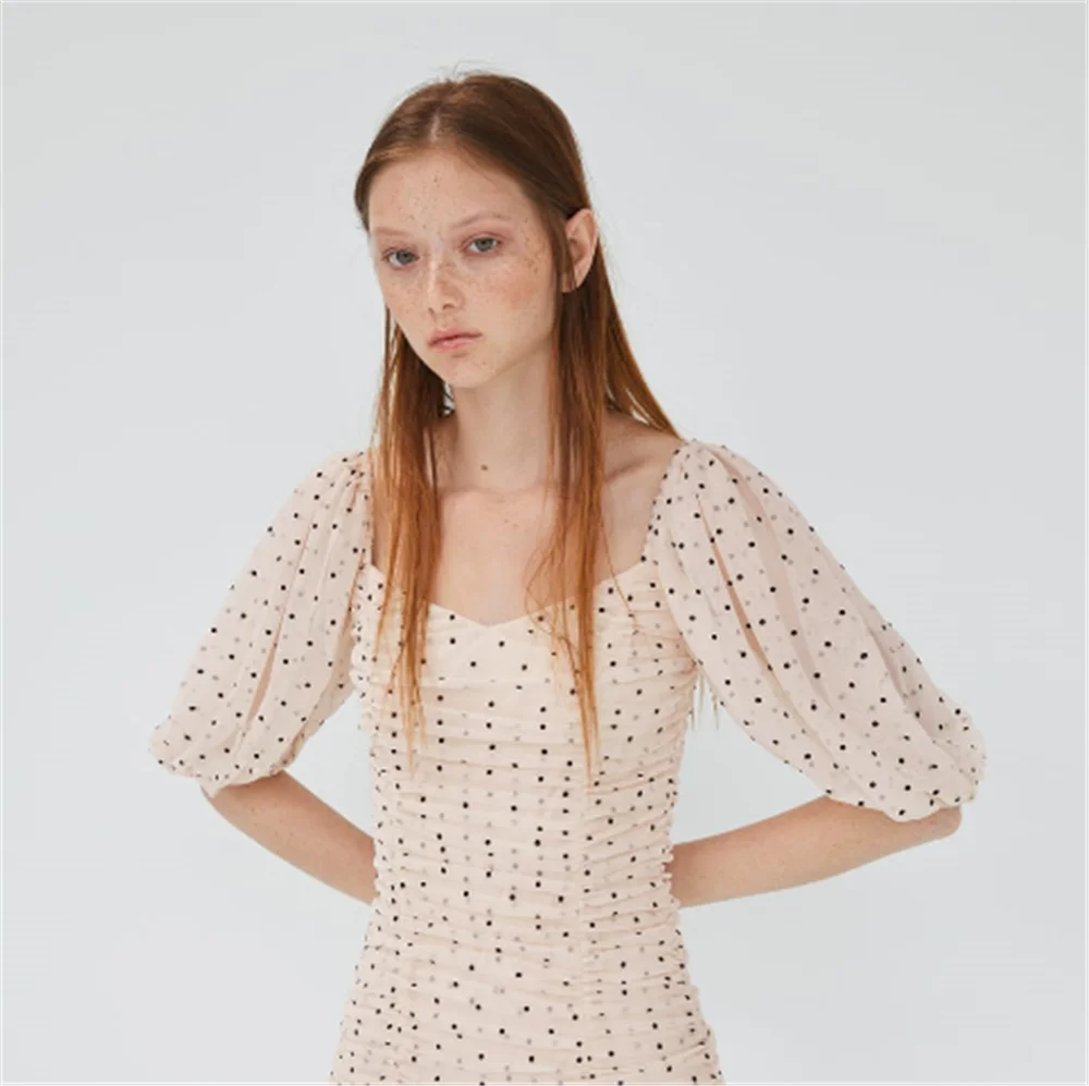 Женское платье в горошек ZA летнее Сетчатое со складками богемное короткое с v