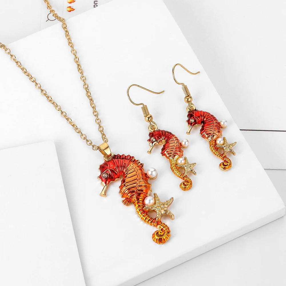 

Fashion Jewelry Dangle Earrings Women Seahorse Star fish Faux Pearl Inlaid Pendant Necklace Earring Jewelry 3Set Trendy Necklace
