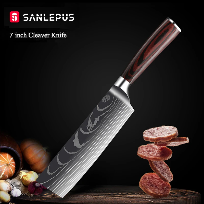 

SANLEPUS 7-inch Chef Cleaver Knife Kitchen Knives Laser Damascus Pattern Sharp Japanese Santoku Knife Slicing Utility Knife