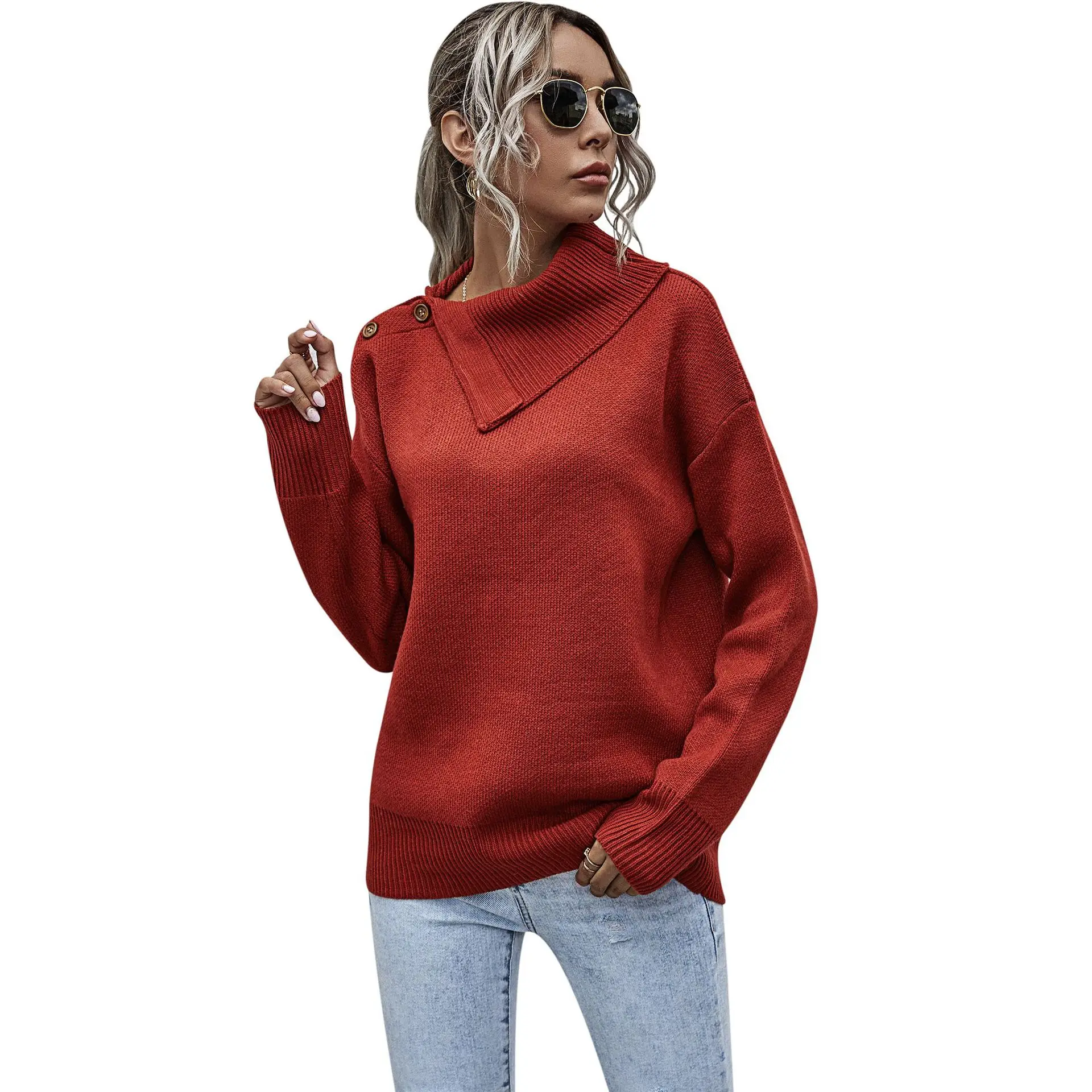 

2021 summer side lapel pullover sweater new product women's casual shoulder button knit sweater