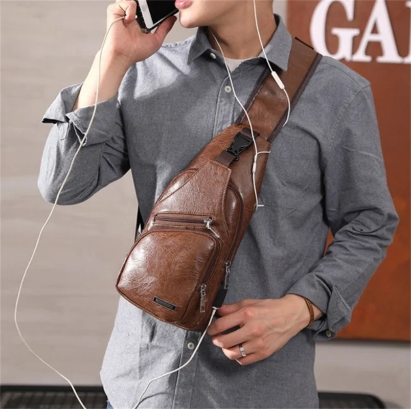 Деловая дорожная сумка через плечо винтажная нагрудная из искусственной кожи usb