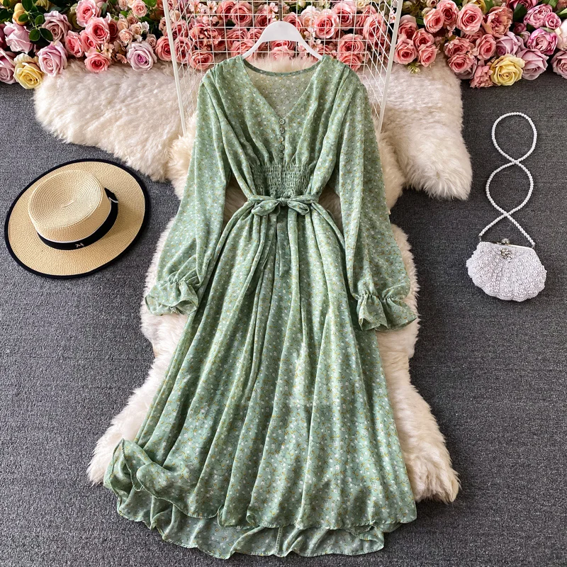 

Uulutonica Spring/Autumn Women Elegant Fashion A-line Print Full Belt Mid-calf Lantern Sleeve Empire V-neck Chiffon Dress