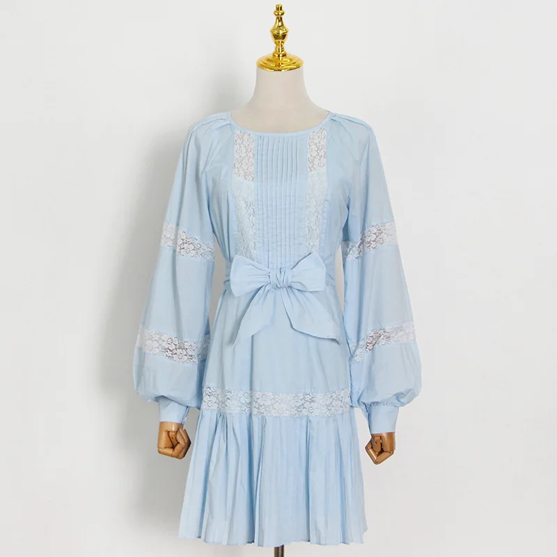 

SeeBeautiful Hollow Lace Loose Mini A-line Dress O Neck Lantern Sleeve Stitching Pleated Hem Women Summer 2021 New Fashion G118