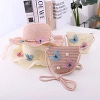 hotsale new summer child casual butterfly straw hat handbags kid girls outdoor holiday panama cap straw bags sun hat