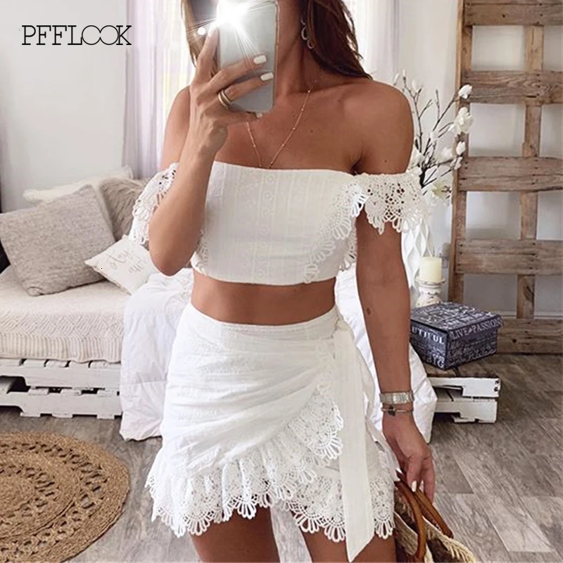 Летний кружевной сексуальный комплект PFFLOOK из двух предметов белый короткий топ
