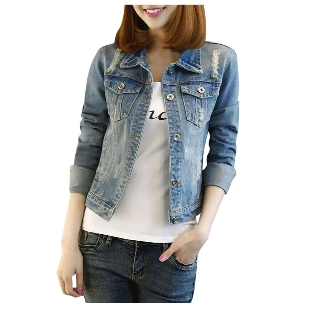 Женская модная Повседневная джинсовая куртка на пуговицах с отворотом винтажные