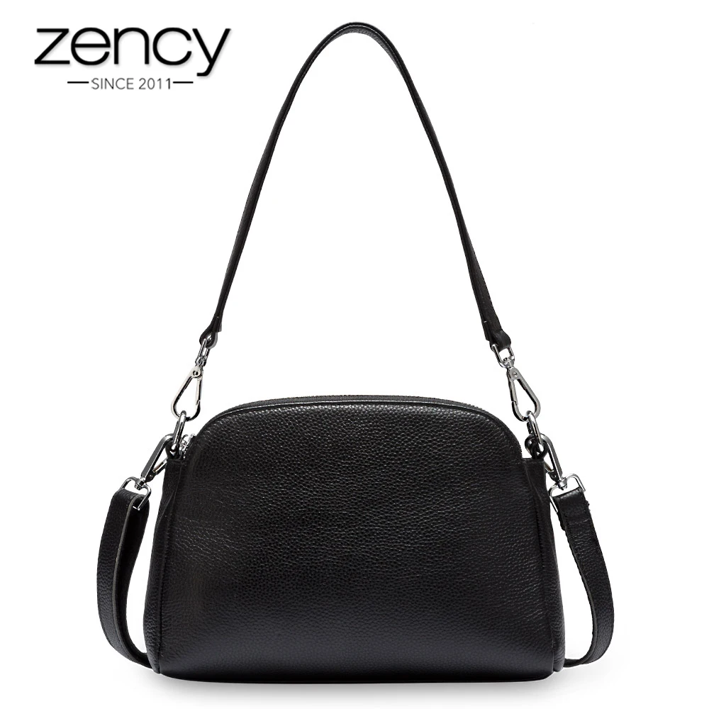 

Zency 100% Genuine Leather Fashion Women Shoulder Bag Spring White Shell Bags Two Zippers Closing Elegant Crossbody Purse Black