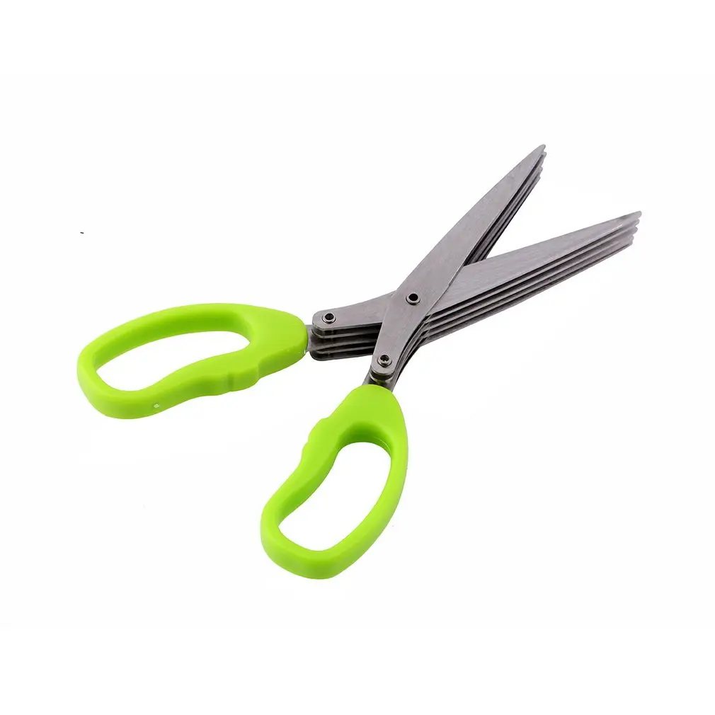 

Green Multifunctional Stainless Steel Kitchen Knives 5 Layers Scissors Sushi Shredded Scallion Herb Spices Scissors Cooking Tool