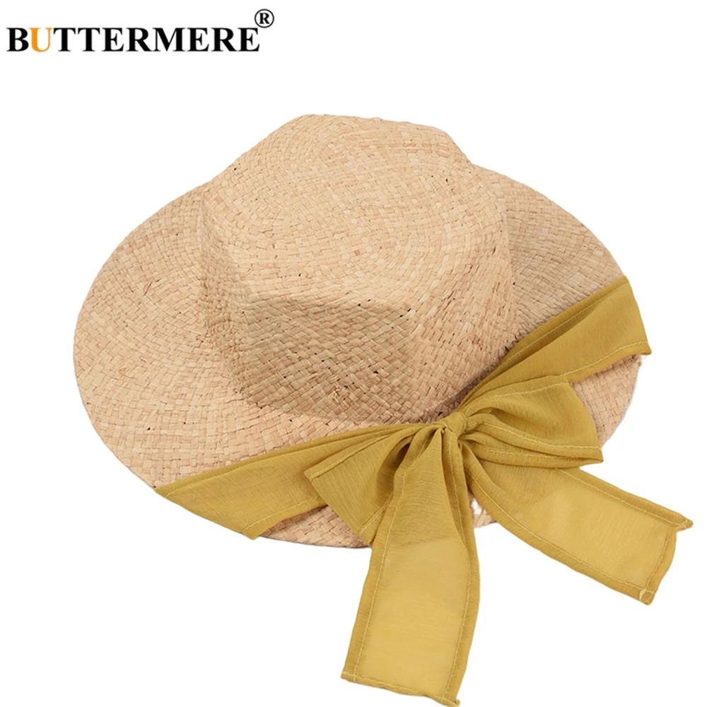 

BUTTERMERE Raffia Straw Hat Summer Hats for Women Novel Hexagonal Wide Brim Bowknot Chiffon Ribbon Sun Protection Fashion Hat