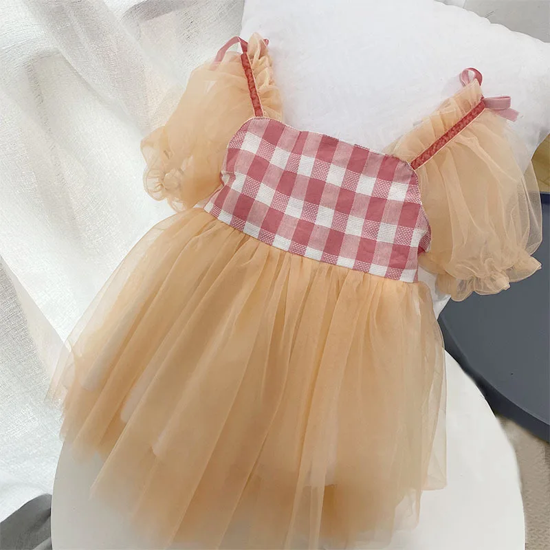 

2 3 4 5 6 Years Toddler Girls Dress Fashion Korean Plaid Princess Dress Mesh Stitching Kids Dresses for Girls 2020 Summer New