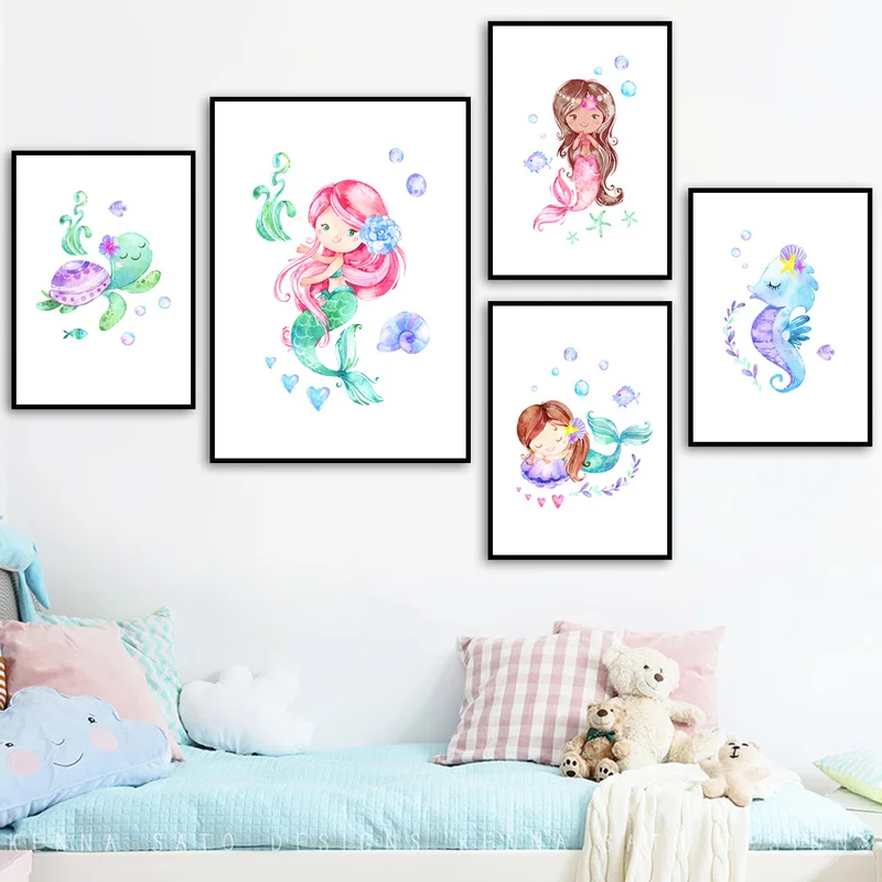 

Disney Animal Cartoon Mermaid Turtle Seahorse Fish Canvas Painting Posters Prints Wall Art Pictures for Living Room Decoration