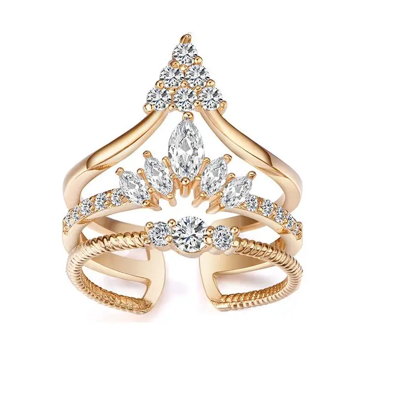 

Luxury Three-Tier Crown Inlaid Gemstone Open Ring Crystal Embellishment Ladies Casual Wedding Party Geometric Ring Jewelry
