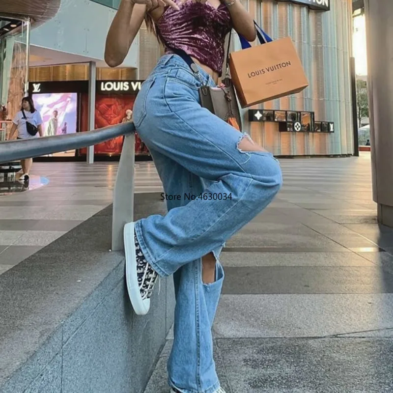 Рваные джинсы повседневная Уличная одежда женские джинсовые штаны mujer высокая