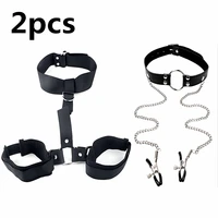 2pcs bdsm bondage set mouth gag with nipple clamps handcuffs neck restraint strap sex toys for woman couples tools adult games