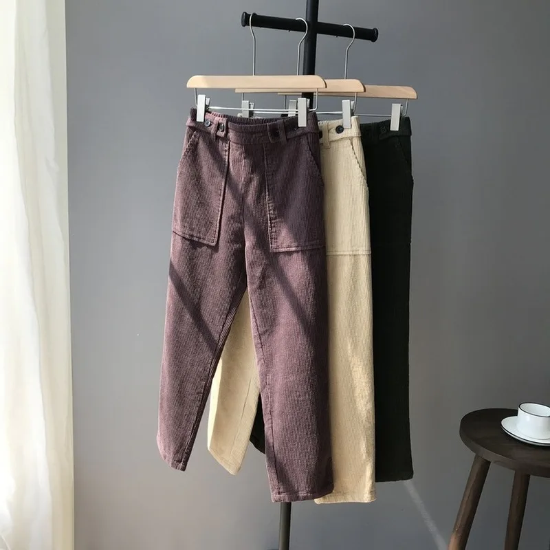 Осень Зима Новый Ретро VintageStraight Вельветовые женские повседневные штаны с высокой