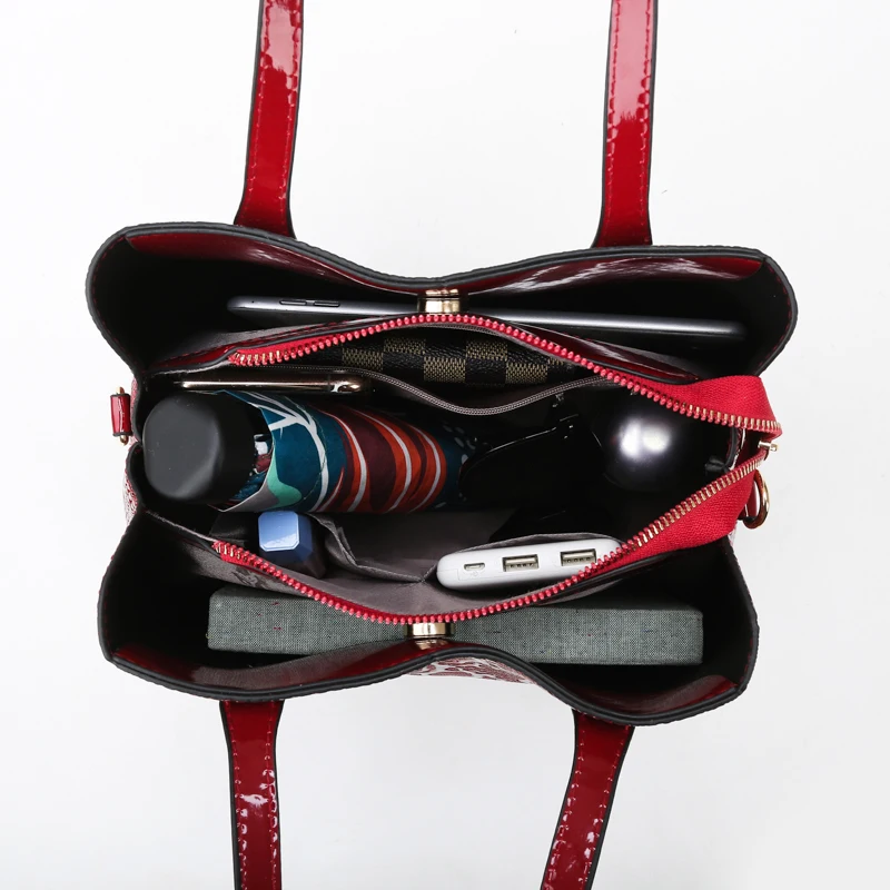 

Chinese Style Women Glossy PU Leather Bucket Shoulder Bag Large Capacity Simple Solid Color Handbags Ladies Retro Messenger Bag