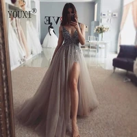 beading prom dresses long 2021 v neck light gray high split tulle sweep train sleeveless evening gown a line backless vestido de