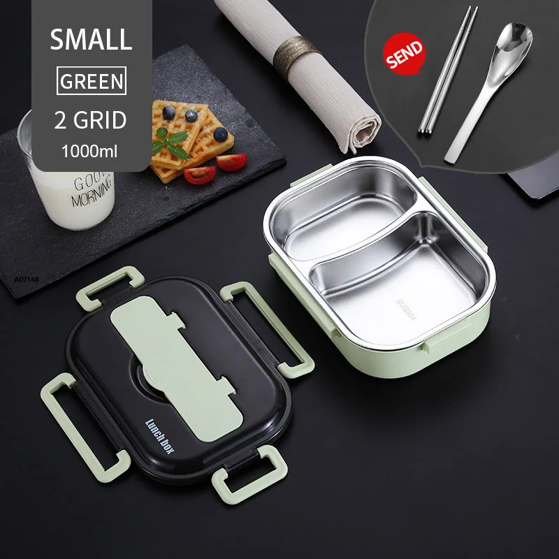 1000ml 2 Grid Green WORTHBUY японский детский Ланч-бокс из нержавеющей стали 304, Ланч-бокс с отсеком, посуда, контейнер для микроволновой печи - Цвет: 1000ml 2 Grid Green