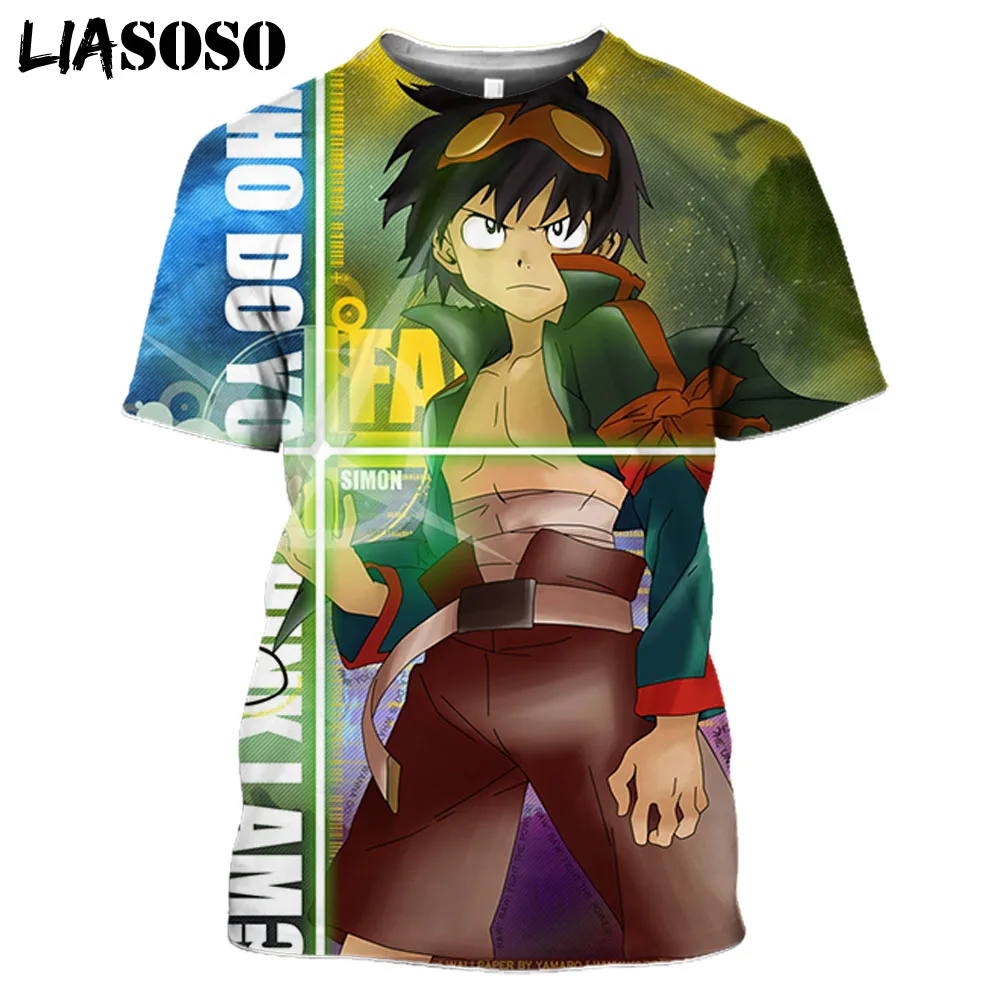 

LIASOSO 3D Print T Shirt Anime Gurren Lagann Simon Yoko Kamina Oversized T Shirt For Men Tees Japanese Manga Camping Clothes