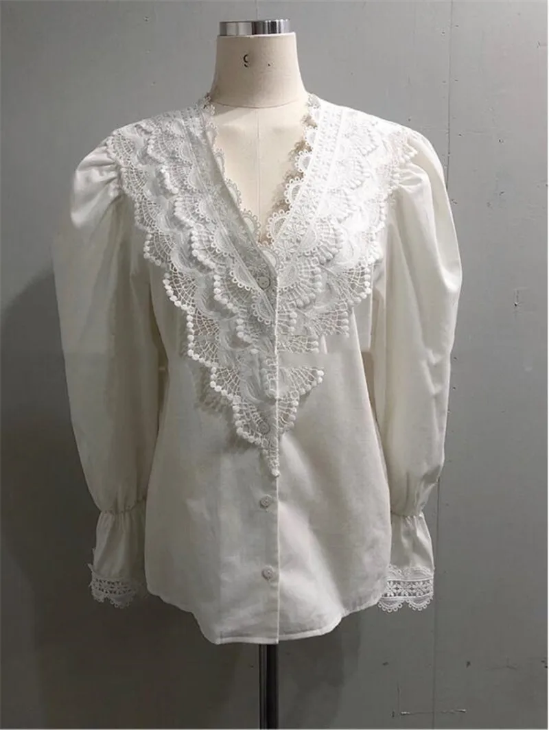 2020 весеннее Новое поступление Женская кружевная рубашка в Корейском стиле с v