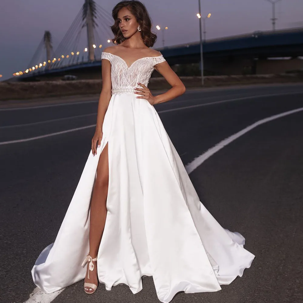 

Modern A-Line Wedding Dresses Button Off the Shoulder V-Neck Appliques Lace Court Train Side Split Custom Made Vestidos De Novia