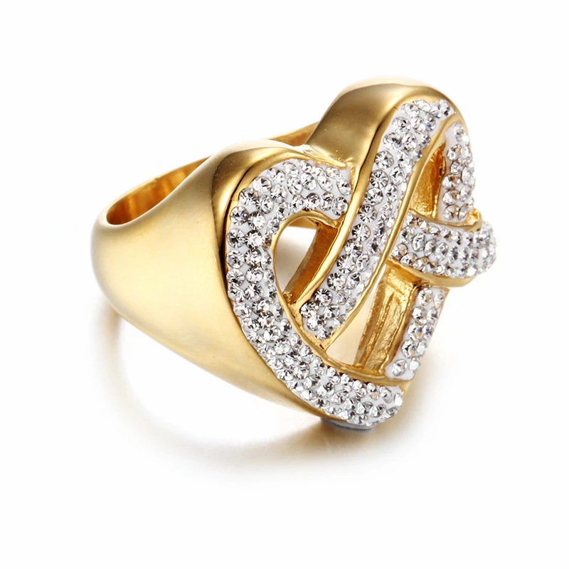 

New Fashion Dubai Gold Color Rings Stainless Steel & Rhinestone Bagues Femme Heart Shaped Party Engagement Couple Rings