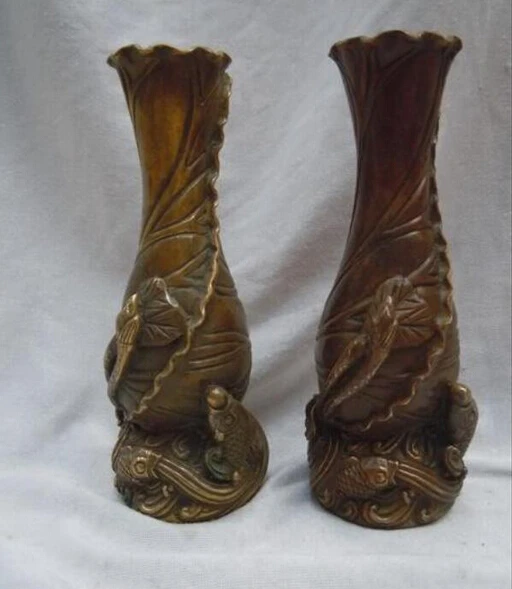 922 + Китайская латунная медная резная рыба водяная Лилия вазы пара скульптура