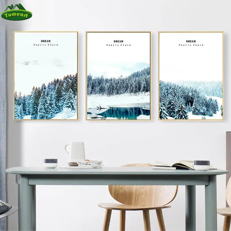 Природное озеро Снежная гора зима Холст плакат природа скандинавском стиле