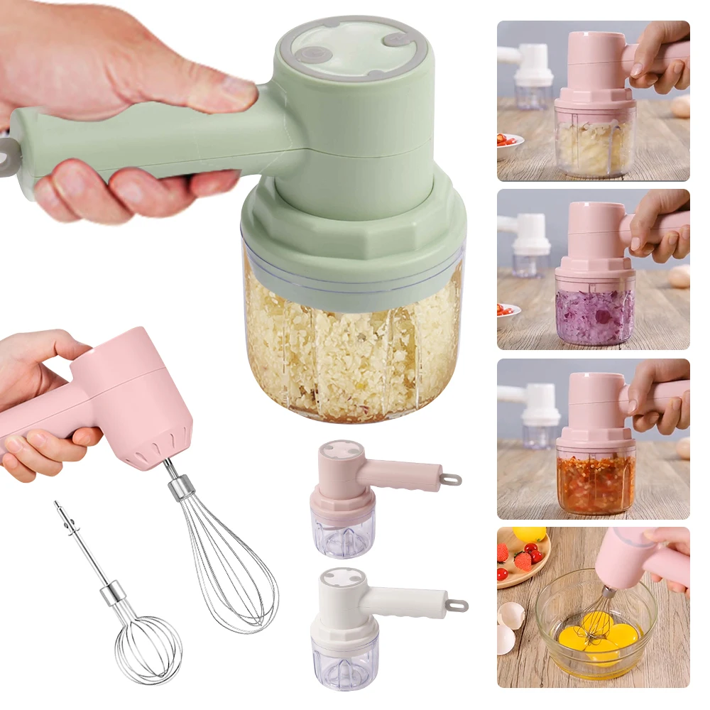 

3 In 1 Wireless Electric Garlic Chopper Crusher Automatic Egg Whisk Milk Cream Beater USB Rechargeable Kitchen Food Mixer Masher