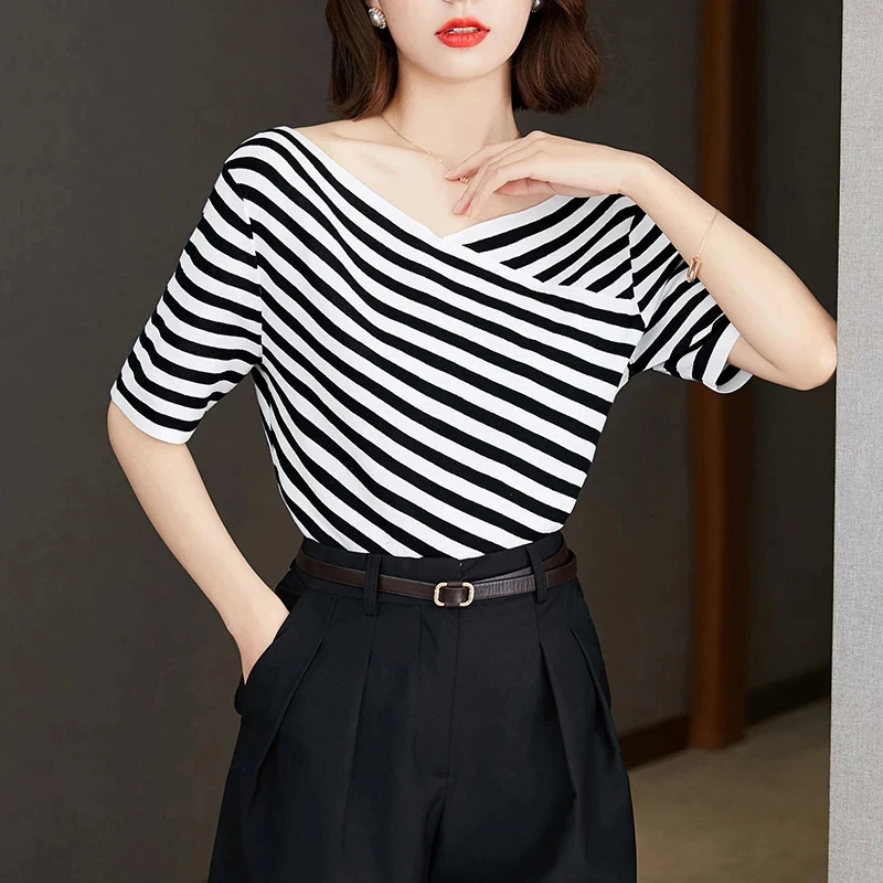 

Sexy Slash Neck Striped T-Shirts Harajuku Loose Casual Basic Tops Female Short Sleeve Fashion Summer Streetwear Plus