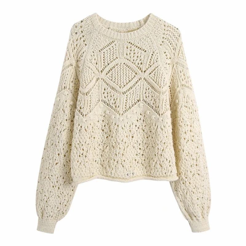 

Hot Sale Women Hollow Jacquard Knitted Sweater Female Long Sleeve Pullover Casual Lady Loose Tops SW1252
