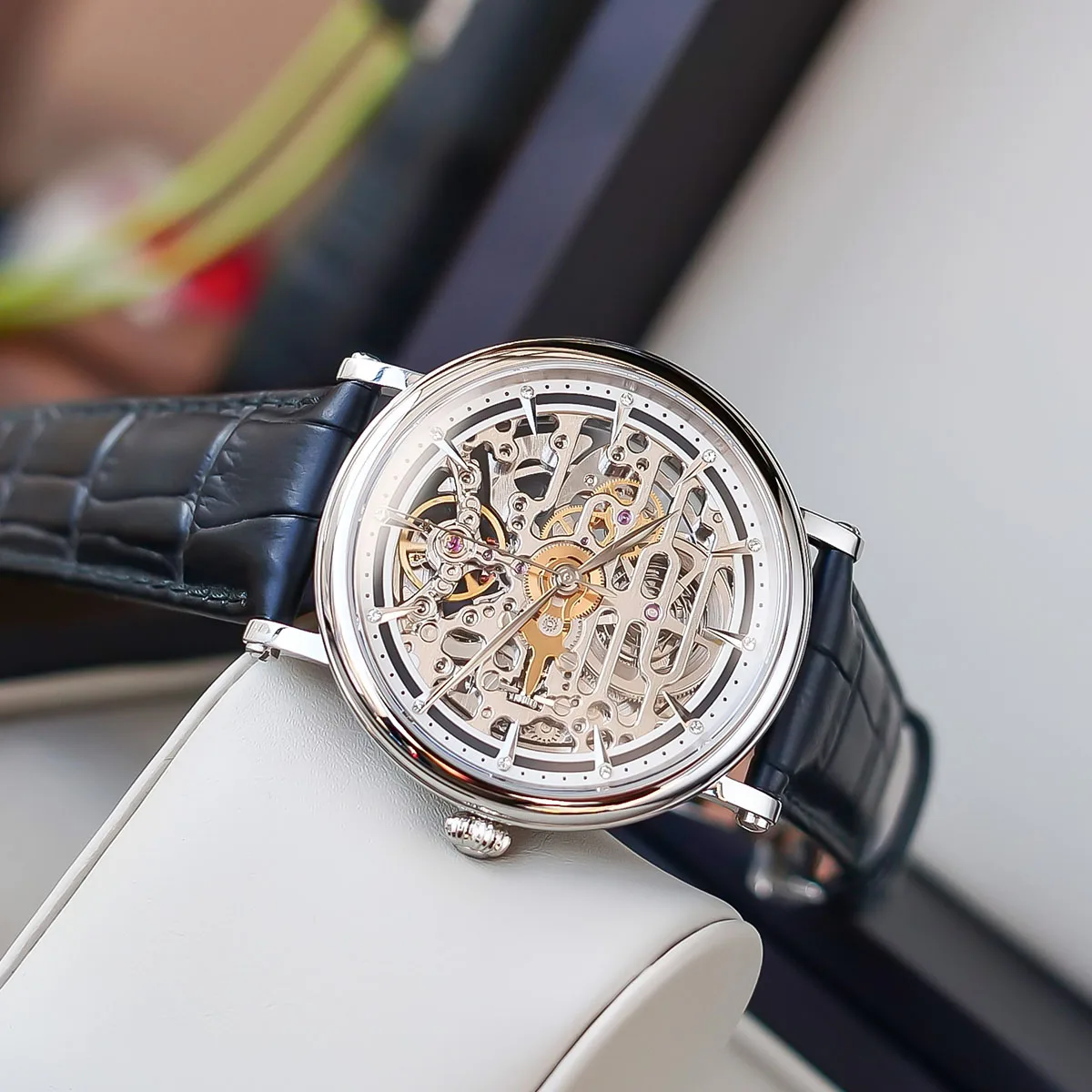 Часы Reef Tiger/RT деловые винтажные мужские автоматические часы с кожаным ремешком