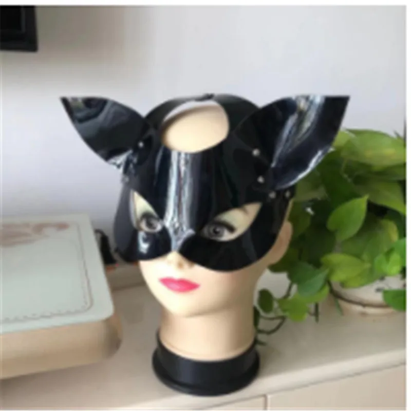

Блестящая кожаная маска кошки с заклепками в ушах женский аксессуар сексуальный фетиш-капюшон для вечерние и косплея распродажа