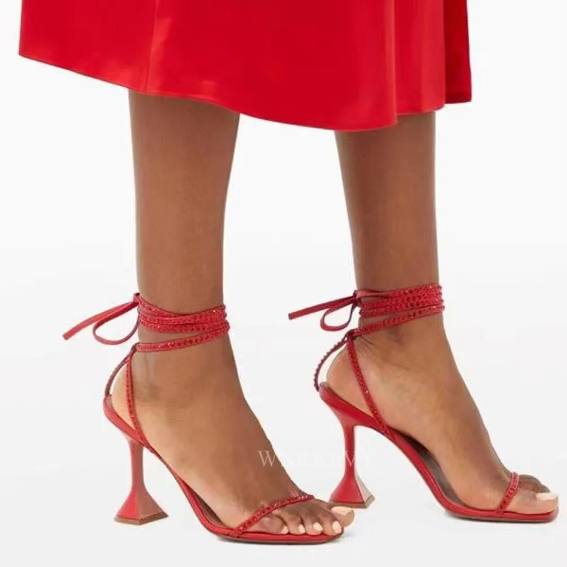 

Luxurious Rhinestone Sandals Women Red Pointed Toe Cup High Heels Ankle Strappy Slingback Pumps Summer Sexy Party Wedding Shoes