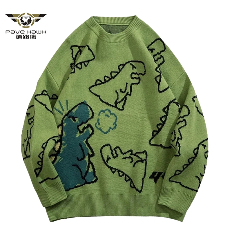 

Модная женская трикотажная уличная одежда в стиле хип-хоп, мультяшный динозавр, Мужской пуловер оверсайз с круглым вырезом, Повседневные св...