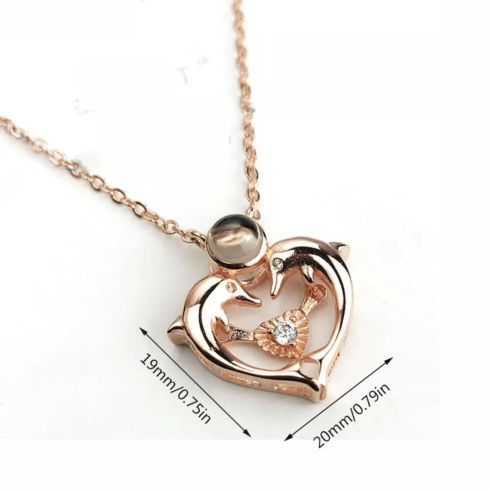 

100 languages I love you 925 sterling silver dolphin heart-shaped pendant necklace female love memory projection girls gift