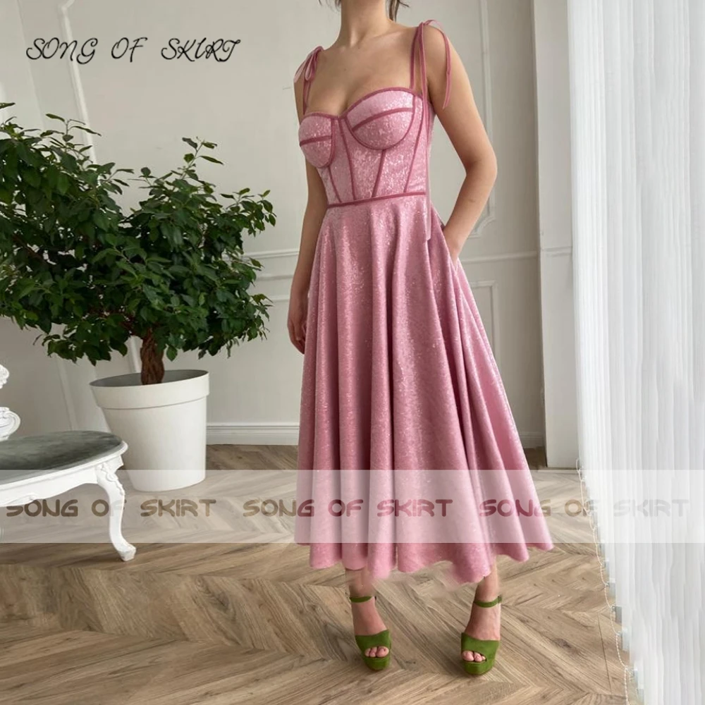 

Thin Shoulder Strap Tea Length Prom Dresses For Women Sweetheart Glisten Wedding Party Evening Gown Robe De Soirée Femme