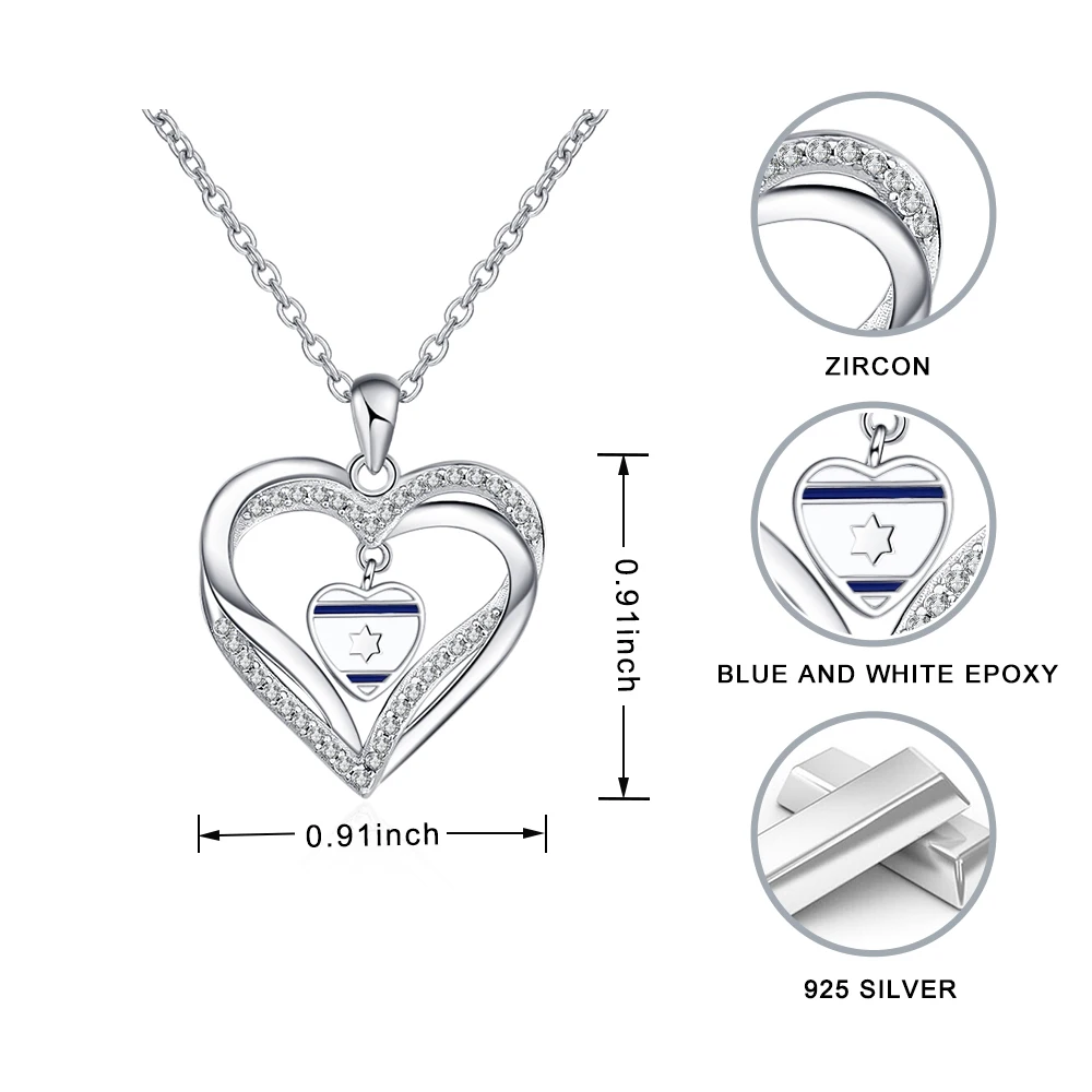 

925 Sterling Silver Heart Israel Flag WIth Blue&White Enamel Chain Pendant Necklace Fashion Jewelry For Women Gifts Free Ship