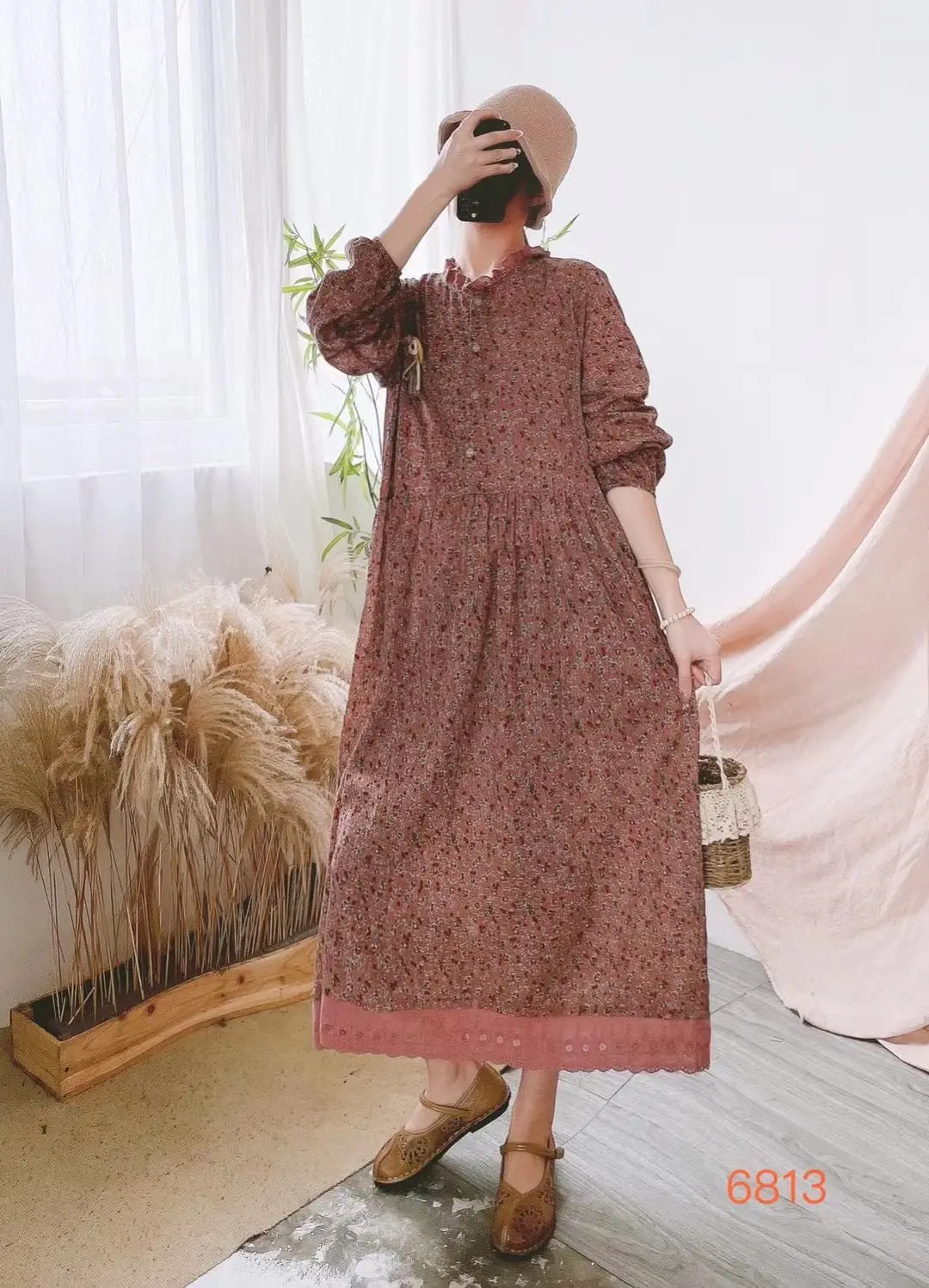 

new spring dress 2021 fashion women fresh floral print dress long sleeve loose dress