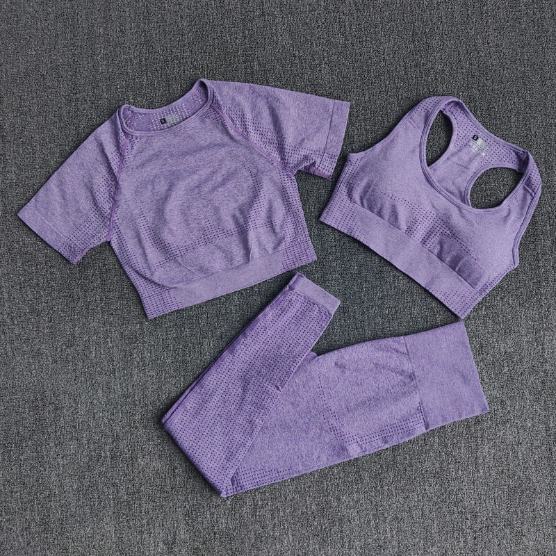 

3PCS Seamless Women's Sportswear Yoga Set Workout Gym Clothing Fitness Short Sleeve Crop Top High Waist Leggings Sports Suits