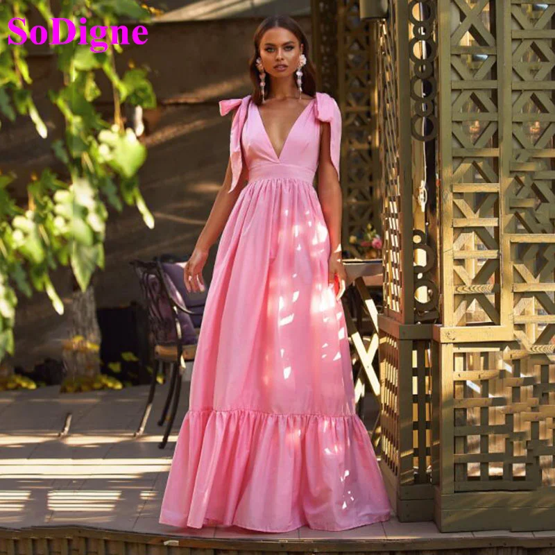 

SoDigne Pink Satin Prom Dresses Tiered Taffeta Evening Dresses V neck A-line Long Party Gowns For Women vestidos formales