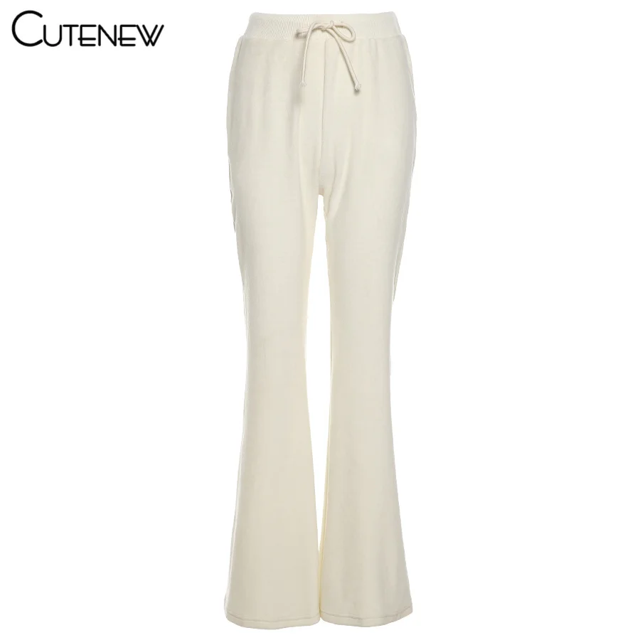 

Cutenew Solid Knitted Flare Pants Women Bottoms Spring Elastic High Weist Casual Streetwear Simplicity Comfortable Slim Trousers
