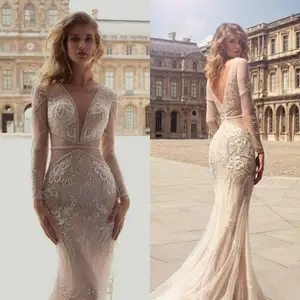 2020 New Wedding Dresses V Neck Long Sleeves Lace Appliques Beads Mermaid Bridal Gowns Sexy Backless Sweep Train Wedding Dress