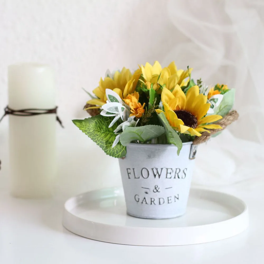Sun Flower Sunflower Fake Flowers In Metal Potted Decorations Plant Set Thick Hemp Rope Retro Tin Bucket Simulation Bonsai | Дом и сад