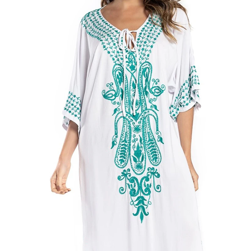 Новое пляжное платье накидка с вышивкой Пляжная белое платье-саронг пляжный
