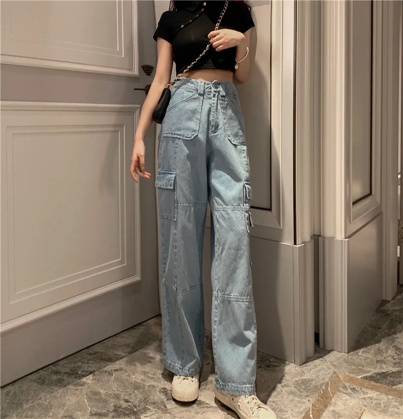 Woherb винтажные женские джинсы с широкими штанинами высокой талией синие