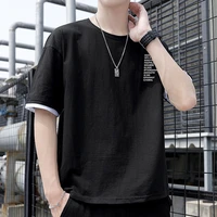 summer youth mens short sleeved t shirt pure cotton thin round neck casual collarless loose solid color short sleeved t shirt