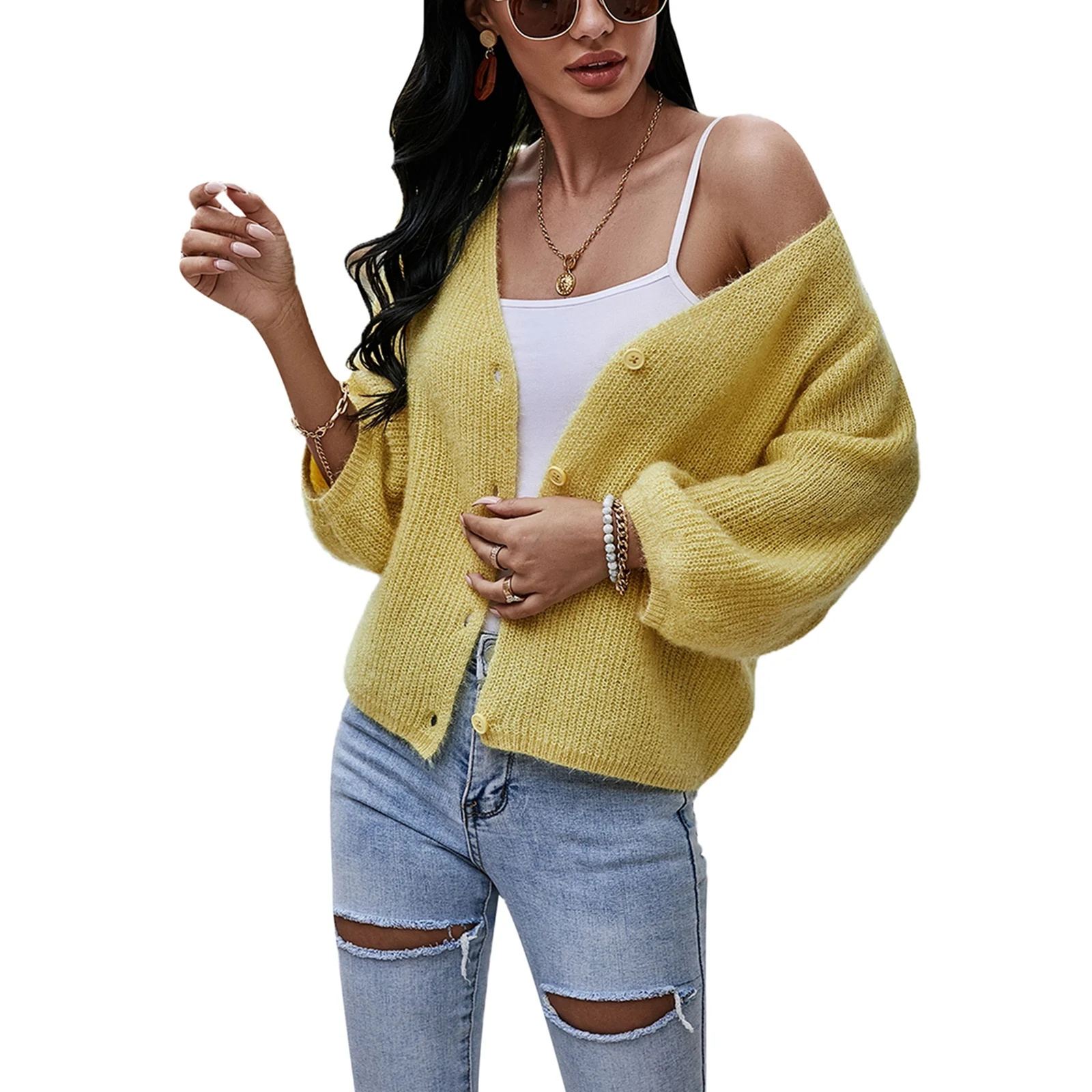 

Дышащая трикотажная одежда для девочек с V-образным вырезом, однотонное женское однобортное трикотажное пальто с рукавом три четверти, Повс...